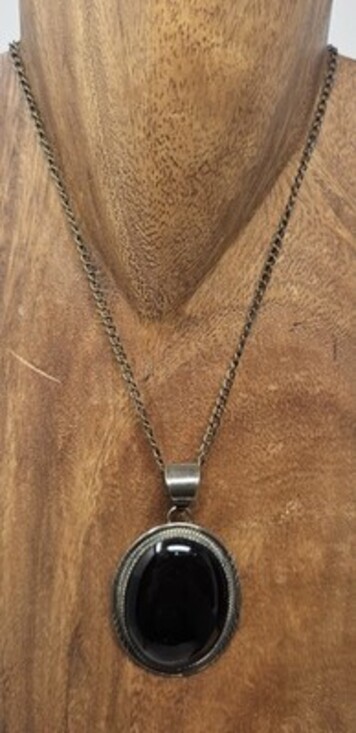 HL Herman Lee Navajo Vintage Sterling Silver Pendant Black Onyx Cabochon Large - Picture 2 of 9